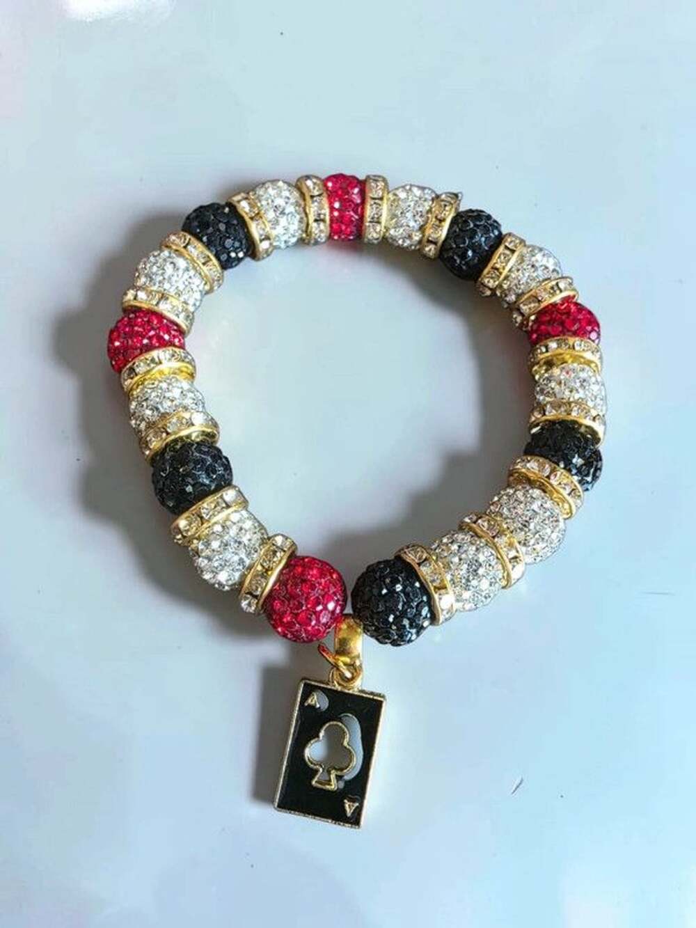 Gold Tone Ace of Clubs Crystal Beaded Stretch Bracelet